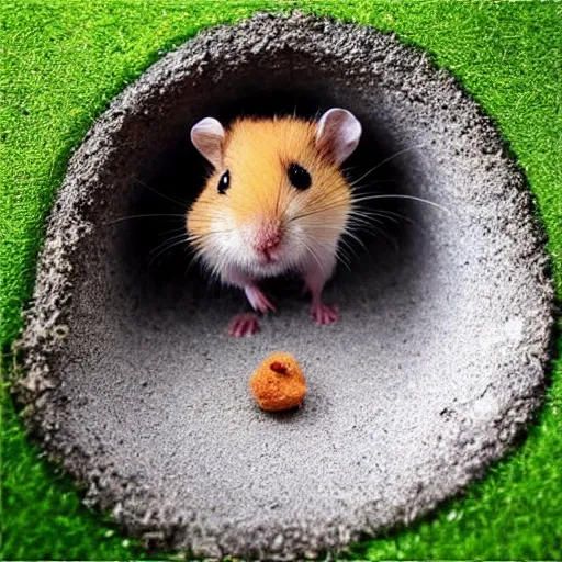 Prompt: “ little hamster coming out of a hole on a luxurious golf course ”