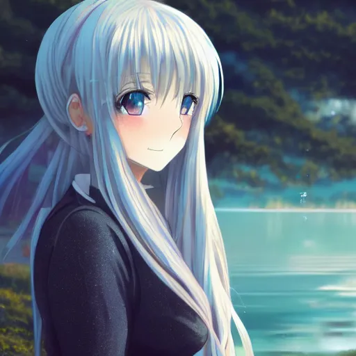 Prompt: a very beautiful anime girl, full body, long braided curly silver hair, sky blue eyes, full round face, short smile, casual clothes, ice snowy lake setting, cinematic lightning, medium shot, mid-shot, highly detailed, trending on Artstation, Unreal Engine 4k, cinematic wallpaper by Stanley Artgerm Lau, WLOP, and Sakimichan