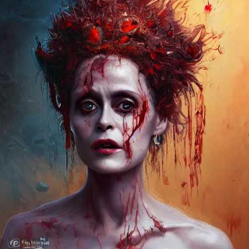 Prompt: expressive oil painting, alien dark fae girlboss based on helena bonham carter mixed with sigourney weaver, bumpy mottled skin full of blood and scars, ornate headpiece, body horror, by yoshitaka amano, by greg rutkowski, by jeremyg lipkinng, by artgerm, digital art, octane render