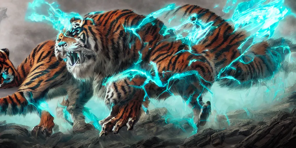 Image similar to Ghostly tiger creature made out of turquoise energy character design sheet, Monster Hunter Illustrations art book, Bright sparks, claws, huge sabertooth fangs, Moebius, Greg Rutkowski, Zabrocki, Karlkka, Jayison Devadas, Phuoc Quan, trending on Artstation, 8K, ultra wide angle, zenith view, pincushion lens effect.