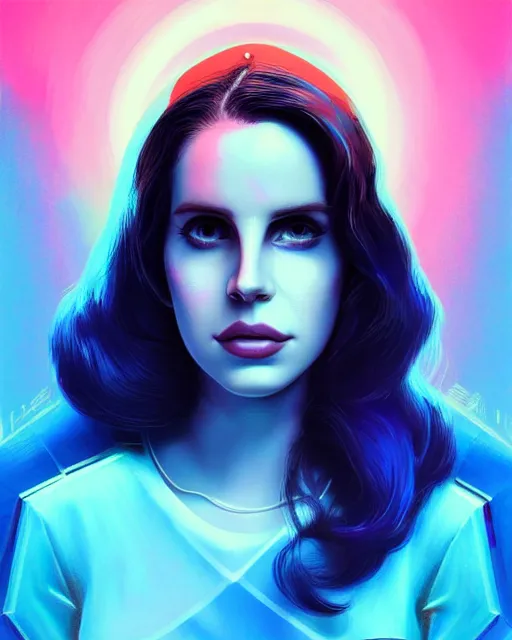 Image similar to portrait of lana del rey as a cyborg. realist abstract. key art. cyberpunk, blue and pink, intricate artwork. clear face, art by tooth wu, wlop, beeple, dan mumford. 8 k octane render, trending on artstation, greg rutkowski very coherent symmetrical artwork. cinematic, hyperrealism, very detailed, iridescent accents