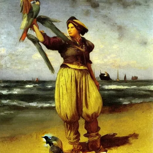 Image similar to female pirate with many parrots. Oil painting by Gustave Courbet, Jules Breton, Jean-François Millet, Émile Friant