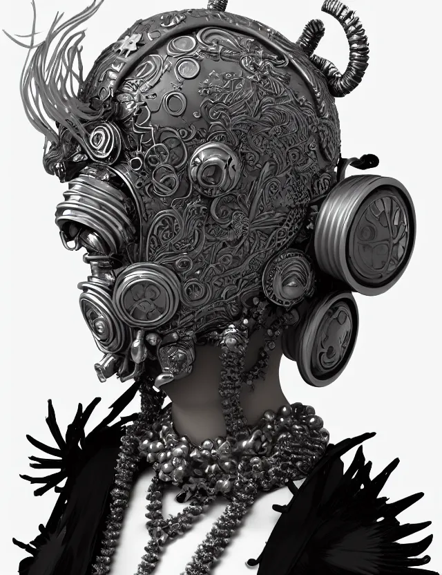 Image similar to 3 d goddess close - up profile punk portrait with vintage gas mask ram skull. beautiful intricately detailed japanese crow kitsune mask and clasical japanese kimono. betta fish, jellyfish phoenix, bio luminescent, plasma, ice, water, wind, creature, artwork by tooth wu and wlop and beeple and greg rutkowski