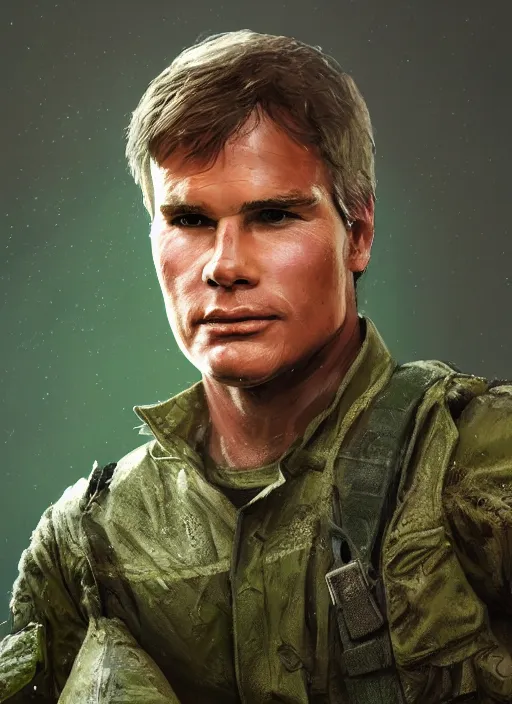 Image similar to portrait of a young richard dean anderson wearing a green combat uniform, in a post apocalyptic city overgrown by plants, by wlop, book cover illustration, concept art, volumetric lighting, volumetric atmosphere, sharp focus, octane render, trending on artstation, 8 k