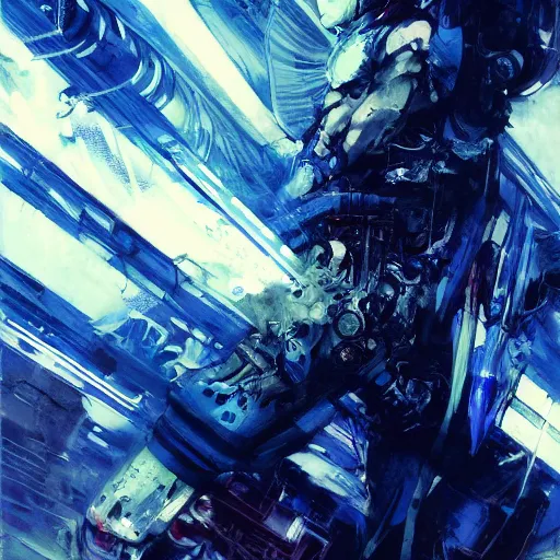 Image similar to hellish cyborg, blue flames, painting by greg ruthowski, yoji shinkawa, yoshikata amano, alphonse murac, craig mullins, beautiful artwork, highly detailed and intricate, award - winning, collaborative artwork, detailed, 4 k, 8 k, artstation