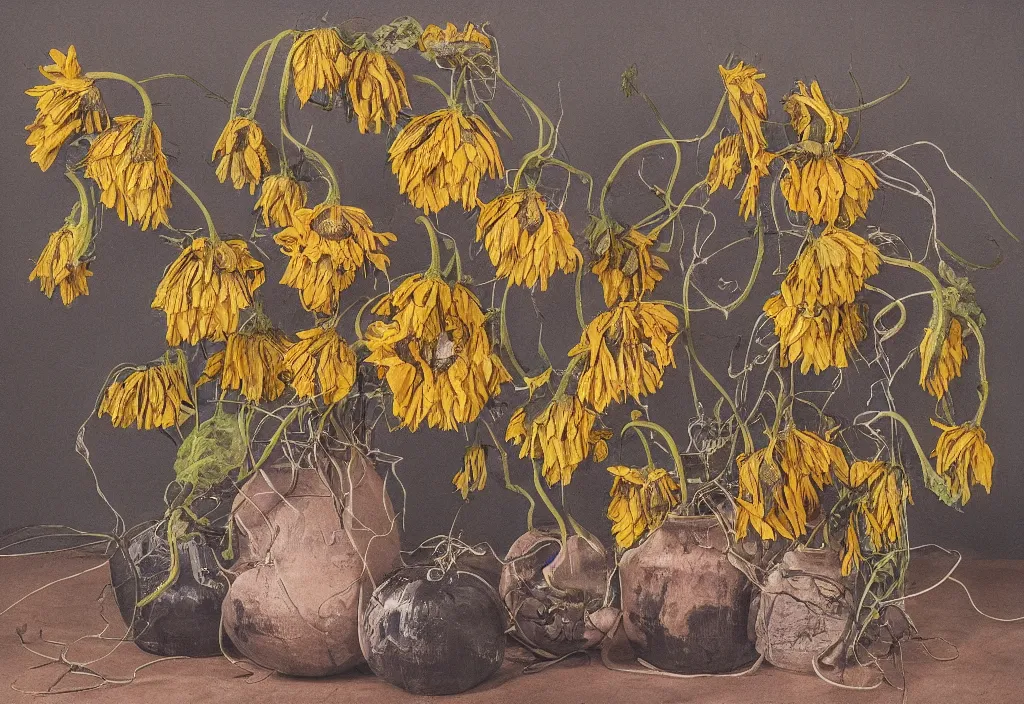 Image similar to award winning fine artwork about withered sunflowers and dry nasturtiums with vines, dark tones