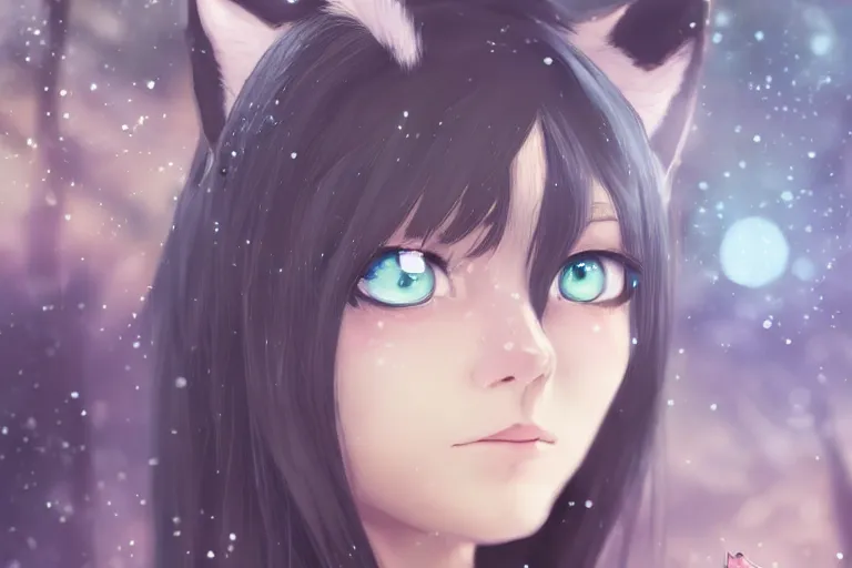 Image similar to female mage with cat ears in a forest, detailed attractive face, fantasy art, anime style, by charlie bowater, by makoto shinkai, by studio ghibli, atmospheric, vector art, 4 k film still, close up portrait