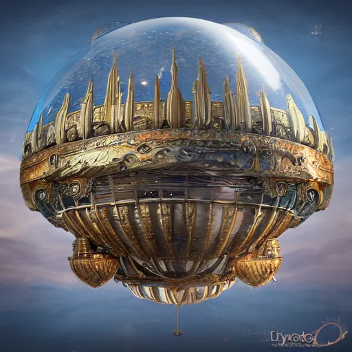 Prompt: enormous flying city in a faberge egg, sky, steampunk, fantasy art, unreal engine