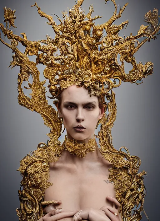 Prompt: a portrait of female by stefan geselle and nekro borja, photorealistic, intricate details, hyper realistic, fantasy, elegant, baroque gold headpiece, photorealistic, canon r 3, photography, wide shot, symmetrical features, symmetrical pose, wide angle shot, head to toe, standing pose, feet on the ground, wearable art