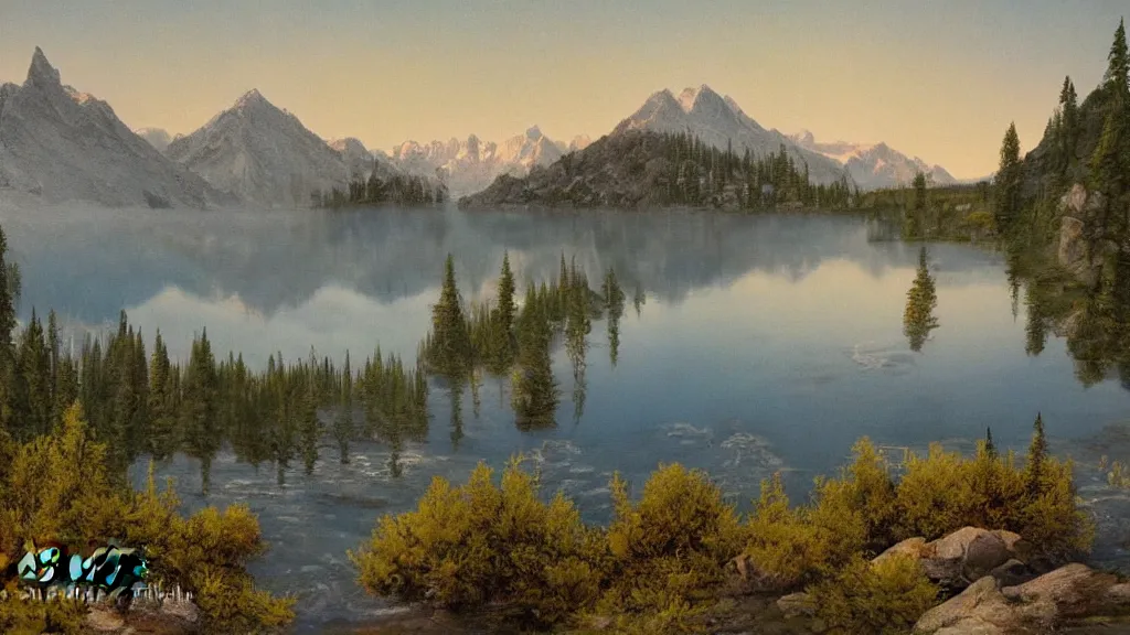 Prompt: photograph of a crystal lake in between mountains, in the syle of Bob Ross