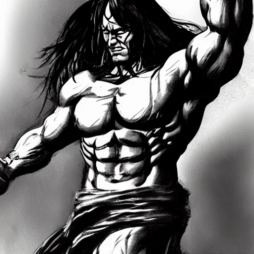 Image similar to concept art conan the barbarian doing bicep curls with heavy weight
