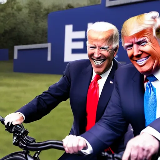 Prompt: joe biden and donald trump drunkenly riding two seater bike together, laughing and joking, photorealistic, detailed