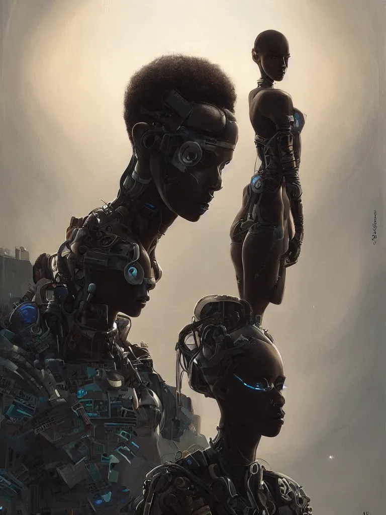 Image similar to a cyberpunk longshot portrait of one tall stunning african cyborg model, in the movie The Arrival, award-winning, masterpiece, in the style of Peter Mohrbacher