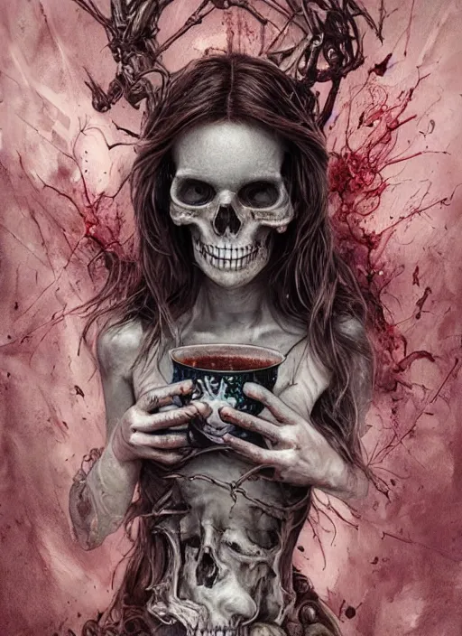 Prompt: Alice drinking tea,death tarot card,highly detailed,half skull face,cinematic,8k,by Stanley Artgermm,Tom Bagshaw,Greg Rutkowski,Carne Griffiths, Ayami Kojima, Beksinski, Giger,trending on DeviantArt,hyper detailed,horror, full of colour