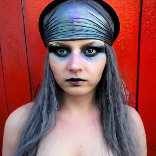 Image similar to a beautiful female pirate with dark grey iridescent skin