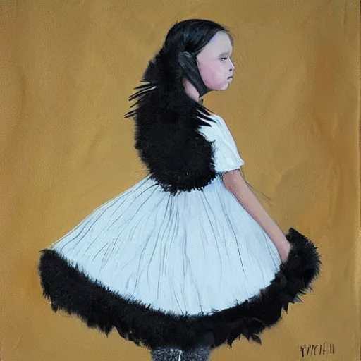 Prompt: little girl wearing an dress made of black feathers, art by ilya kushinov