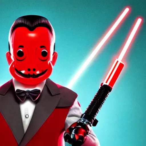 Prompt: Pee-Wee Herman wielding a red lightsaber 4K hdr