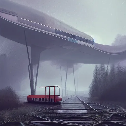 Image similar to landscape with futuristic train station in an empty field. by stalenhag. mist, fog, cyber punk, realistic, 8K