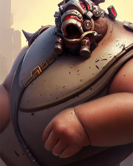 Image similar to roadhog from overwatch, character portrait, portrait, close up, concept art, intricate details, highly detailed by greg rutkowski, michael whelan and gustave dore