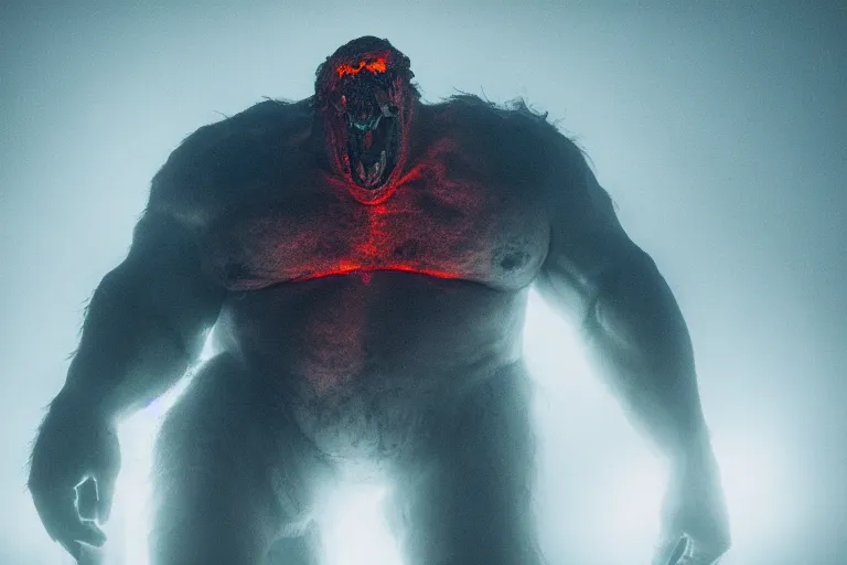 Image similar to a giant monster made of flesh and muscles, very angry, misty, foggy, ambient light, terror, glows,