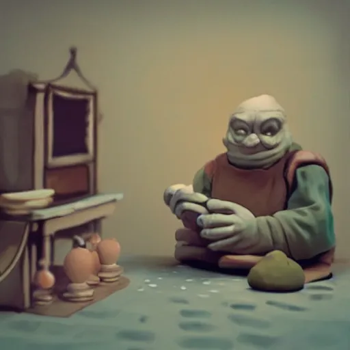 Image similar to “ greedy merchant meme, claymation, hyperrealistic, volumetric lighting, 3 5 mm film still ”