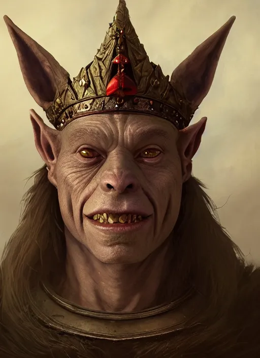 Image similar to highly detailed closeup portrait of a medieval goblin wearing a crown, stephen bliss, unreal engine, greg rutkowski, ilya kuvshinov, ross draws, hyung tae and frank frazetta, tom bagshaw, tom whalen, nicoletta ceccoli, mark ryden, earl norem, global illumination, god rays, detailed and intricate environment