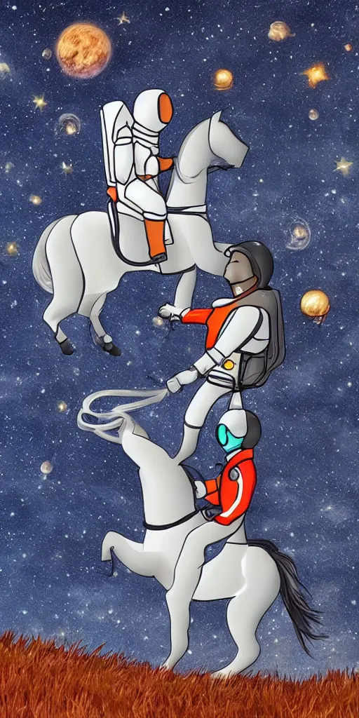 Image similar to a horse riding an astronaut.