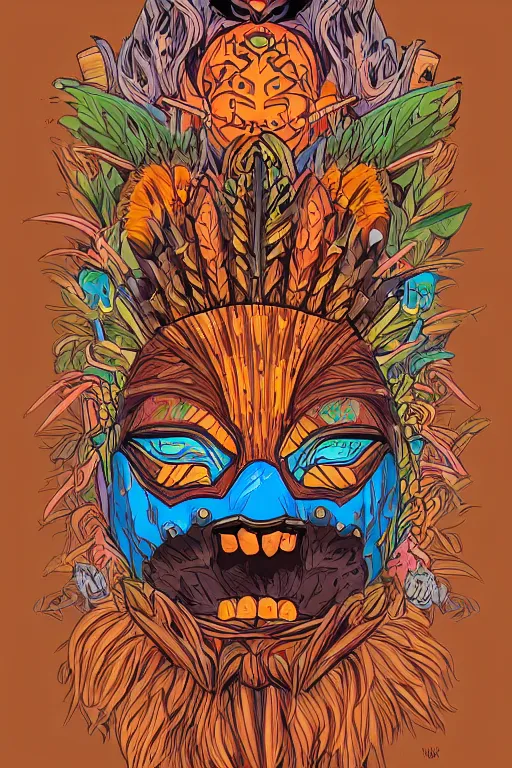 Image similar to animal mask totem roots flower tribal feather gemstone plant wood rock shaman vodoo video game vector cutout illustration vivid multicolor borderlands comics by josan gonzales and dan mumford radiating a glowing aura