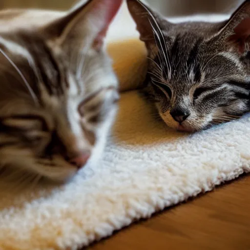 Prompt: Two cats sleeping on a bathroom rug, highly detailed, very cute, ambient light, 4k