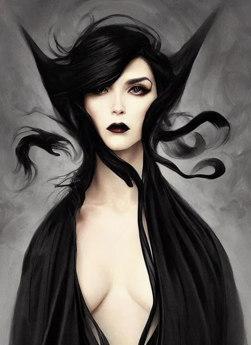 Image similar to goth tall man with wind swept black hair wearing a long flowing black cape , intricate, elegant, highly detailed, digital painting, artstation, concept art, smooth, sharp focus, illustration, art by artgerm and greg rutkowski and alphonse mucha and francisco goya