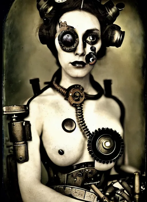 Prompt: photography of beautyful female android steampunk by joel peter witkin,