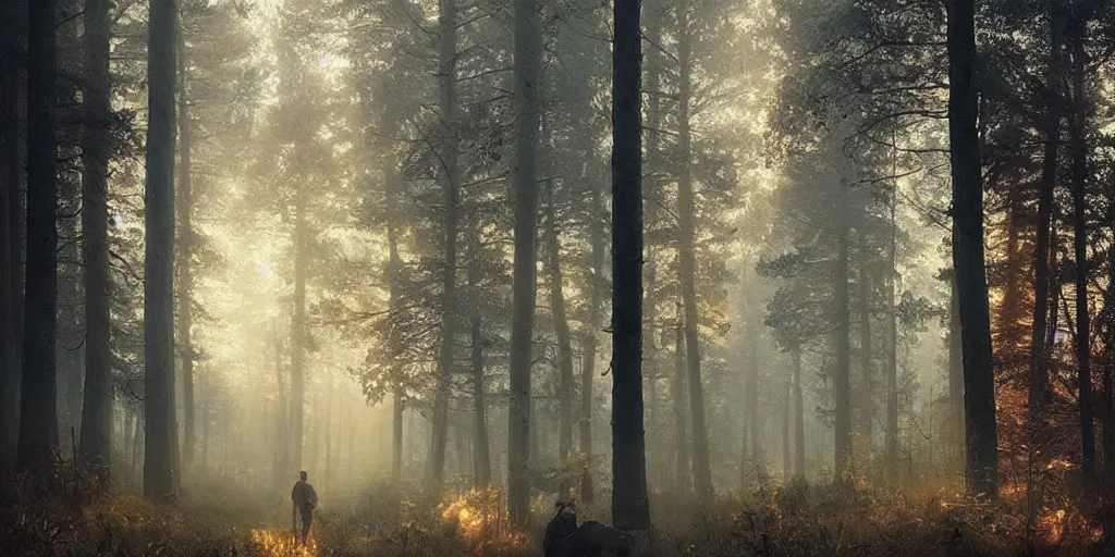 Image similar to swedish forest, photoreal, dawn, hazy, fog, golden hour, sunlight, beautiful!!!!!!!!!, greg rutkowski, cinematic, atmospheric