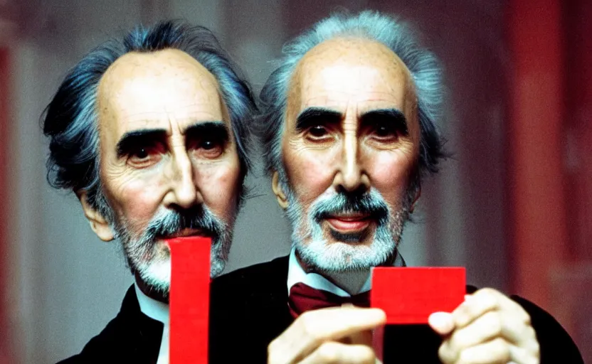 Image similar to movie still close-up portrait of Christopher Lee as a Victorian inventor proudly holding a small red plastic perforated card, by David Bailey, Cinestill 800t 50mm eastmancolor, heavy grainy picture, very detailed, high quality, 4k, HD criterion, precise texture and facial expression