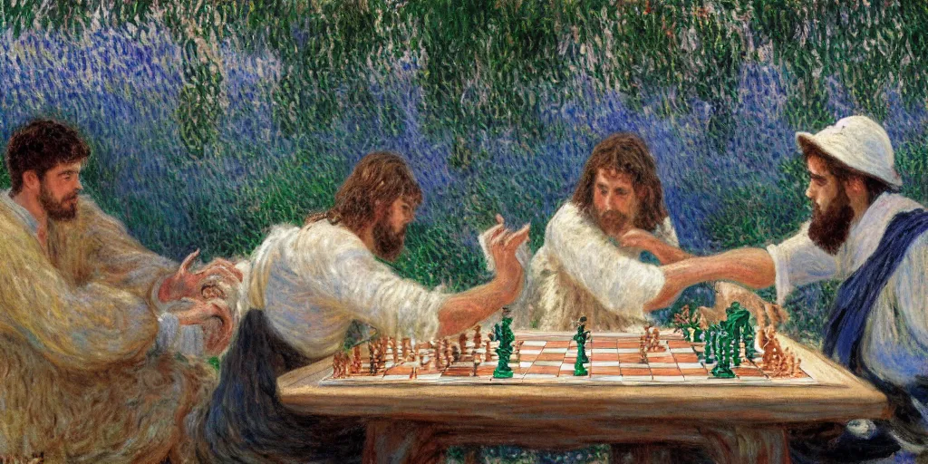 Image similar to jesus and magnus carlsen playing chess in heaven by monet