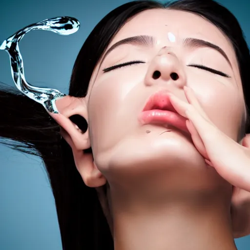 Prompt: excited model with an open moith and closed eyes pouring water on her face