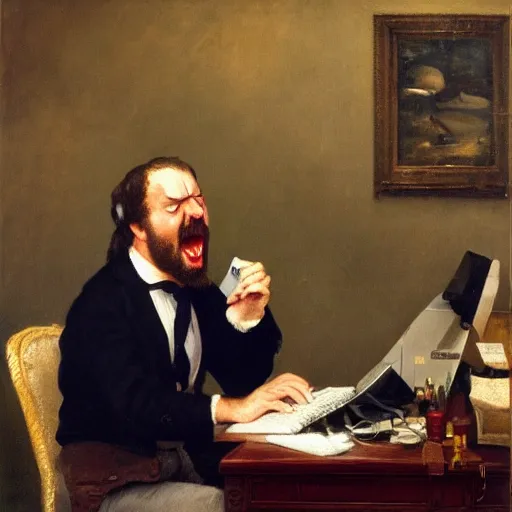 Image similar to an angry man yells at his computer monitor, oil on canvas, 1 8 8 3, highly detailed