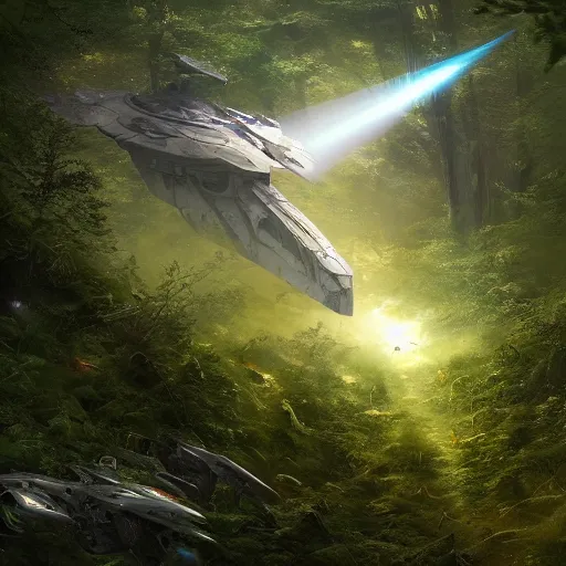 Image similar to a giant space ship crashed in an overgrown forest viewed from the sky by Marek Okon, god rays, fantasy art, 4k, HDR, photorealistic, 8k, trending on artstation