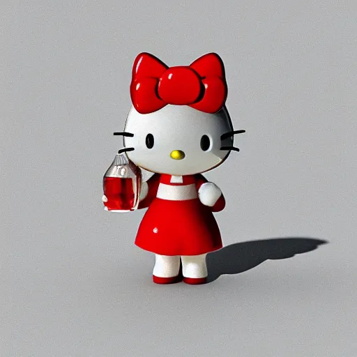 Image similar to a 3d render of hello kitty holding a bottle of whiskey, artstation, by makoto shinkai