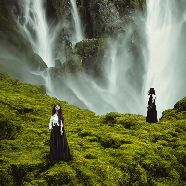 Image similar to dark and moody 1 9 8 0's artistic color spaghetti western film, a woman in a giant billowing wide long flowing waving shining bright white dress, standing inside a green mossy irish rocky scenic landscape, huge waterfall, volumetric lighting, backlit, atmospheric, fog, extremely windy, soft focus