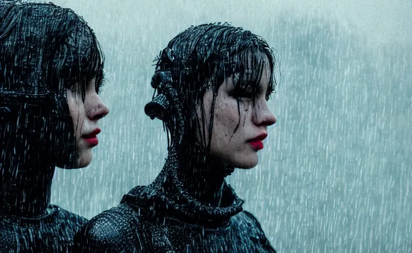 Image similar to cinestill 5 0 d candid photographic portrait by christopher nolan of two loving female androids wearing rugged black mesh techwear in treacherous waters, extreme closeup, modern cyberpunk moody emotional cinematic, pouring rain menacing lights shadows, 8 k, hd, high resolution, 3 5 mm, f / 3 2, ultra realistic faces, ex machina