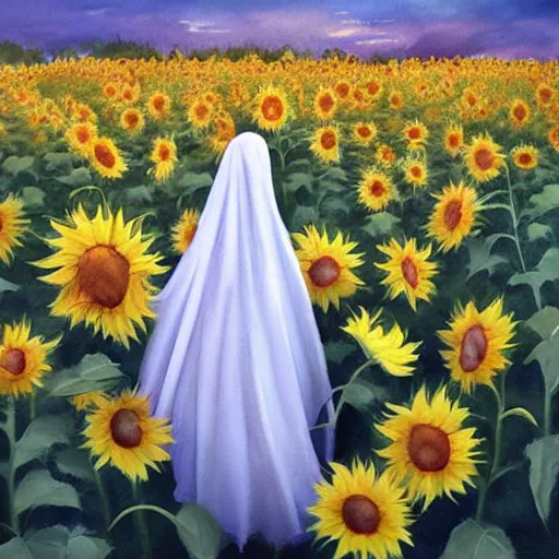 Image similar to Bedsheet Ghost in a field of sunflowers, sunset, Watercolor, photorealistic, high resolution, award winning, trending on artstation, art by artgerm