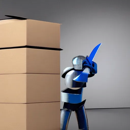 Image similar to hyperrealistic, cardboard boxman with cardboard armor, wielding a cardboard sword inside a kitchen, cabinets, stove