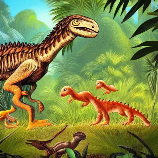 Prompt: peaceful prehistoric jungle landscape with a velociraptor and its chicks in the foreground, award winning art, relaxed, happy atmosphere