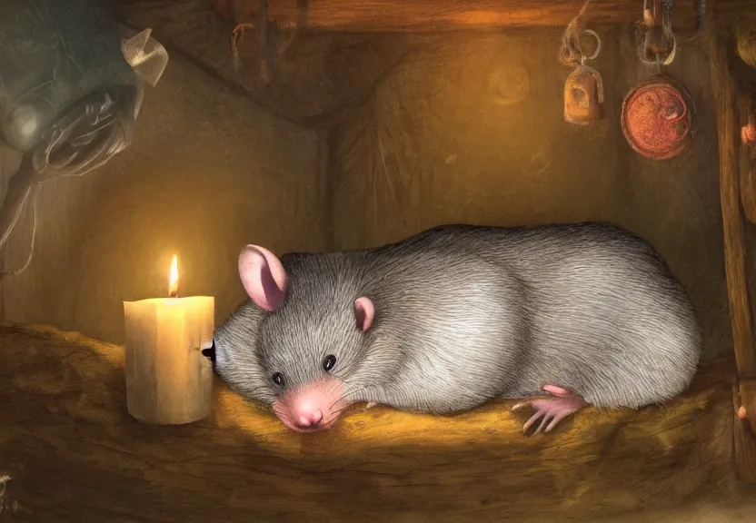 Image similar to cute hatted possum sleeping inside a bed in a medieval cluttered cottage at night under the dim light of a candle, dark fantasy, dreaming illusion, trending on artstation