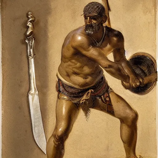 Image similar to a scrappy bronze age thief man, ancient mesopotamia, hiding, opportunistic expression, sword and sandal character portrait by theodore ralli and nasreddine dinet and anders zorn and nikolay makovsky and edwin longsden long