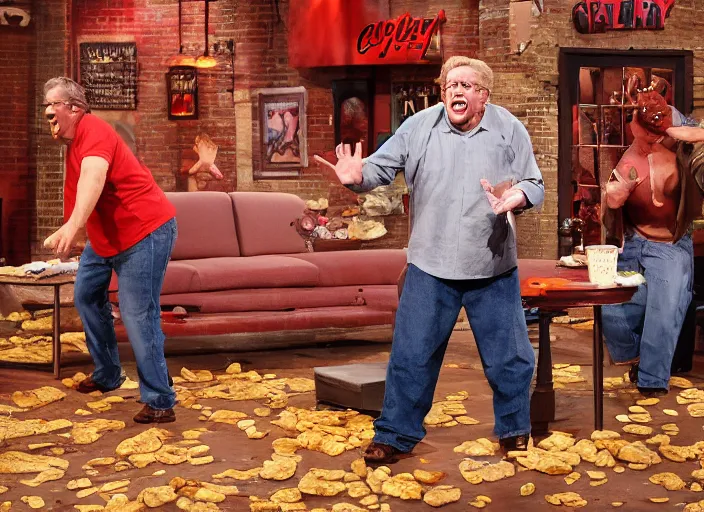 Prompt: jerry springer tv show a man yelling at a pile of nasty chili spilled on the floor, chunky sloppy fat men no shirts slipping in chili on the floor, wet, studio, extremely detailed, portraits, 4 k, hd