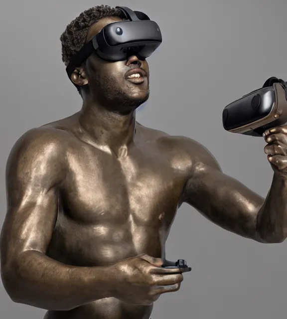 Prompt: a 4 k photorealistic photo medium shot of a bronze statue of a man wearing a vr headset.