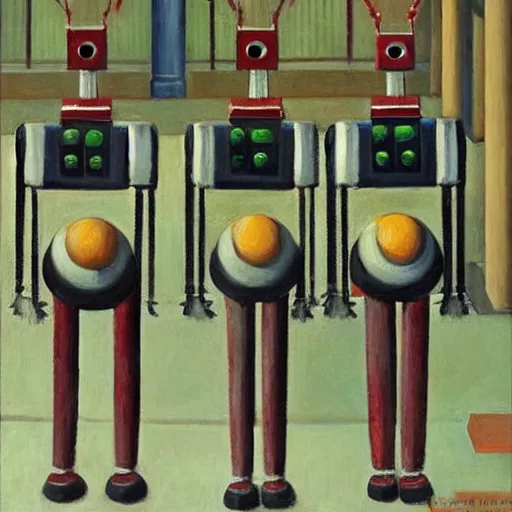 Image similar to robot druids in a grand processional, capital plaza, grant wood, pj crook, edward hopper, oil on canvas