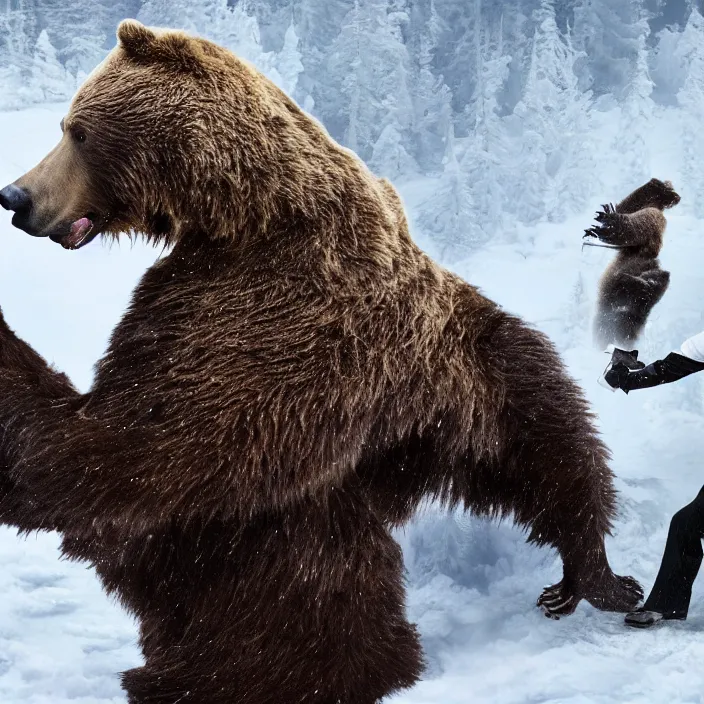 Image similar to russian president vladimir putin fighting with bear, 8 k, post - processing, extremely hyper - detailed, epic composition, masterpiece, stunning