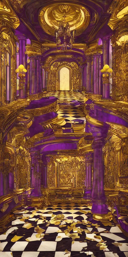 Prompt: lavish interior of magical castle interior with marble checkerboard floors and marble pillars, deep purple and orange, rendering, digital artwork, ray tracing